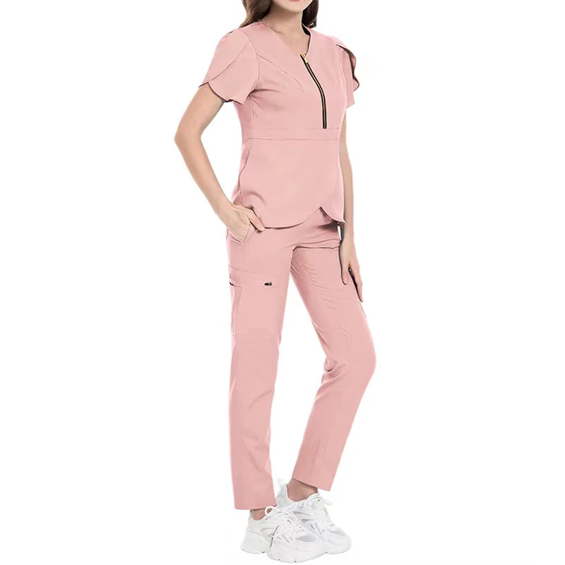 Nursing Scrub Hospital Sets Zip Reusable Stretchy Beautician Scrubs