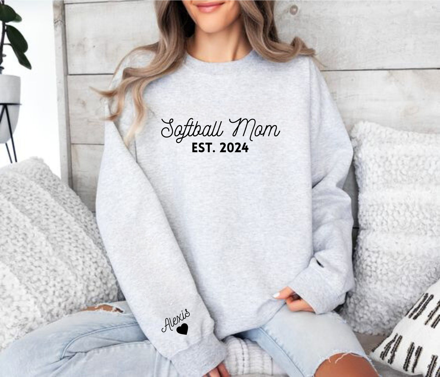 Custom Softball Mom Crewneck with Name on Sleeve