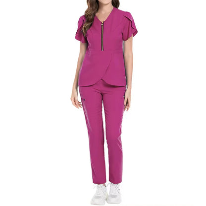 Nursing Scrub  Hospital Sets Zip Reusable Stretchy Beautician Scrubs