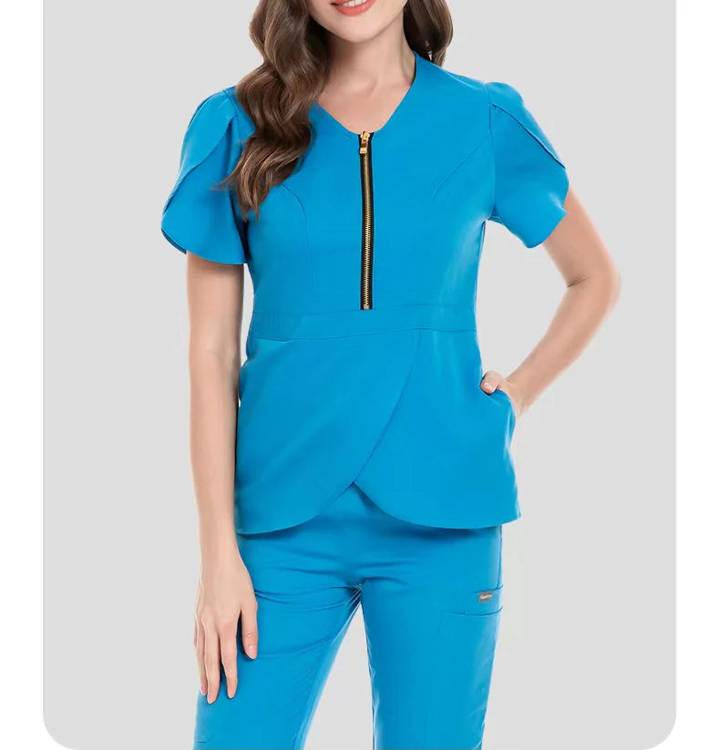 Nursing Scrub  Hospital Sets Zip Reusable Stretchy Beautician Scrubs