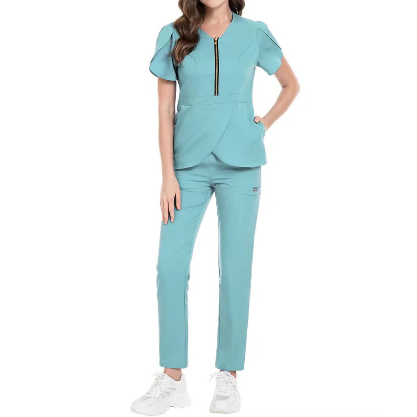 Nursing Scrub  Hospital Sets Zip Reusable Stretchy Beautician Scrubs